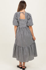 Black Plaid  Bubble Sleeve Maternity Dress