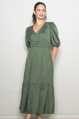Green Polka Dots V Neck Flowy Dress