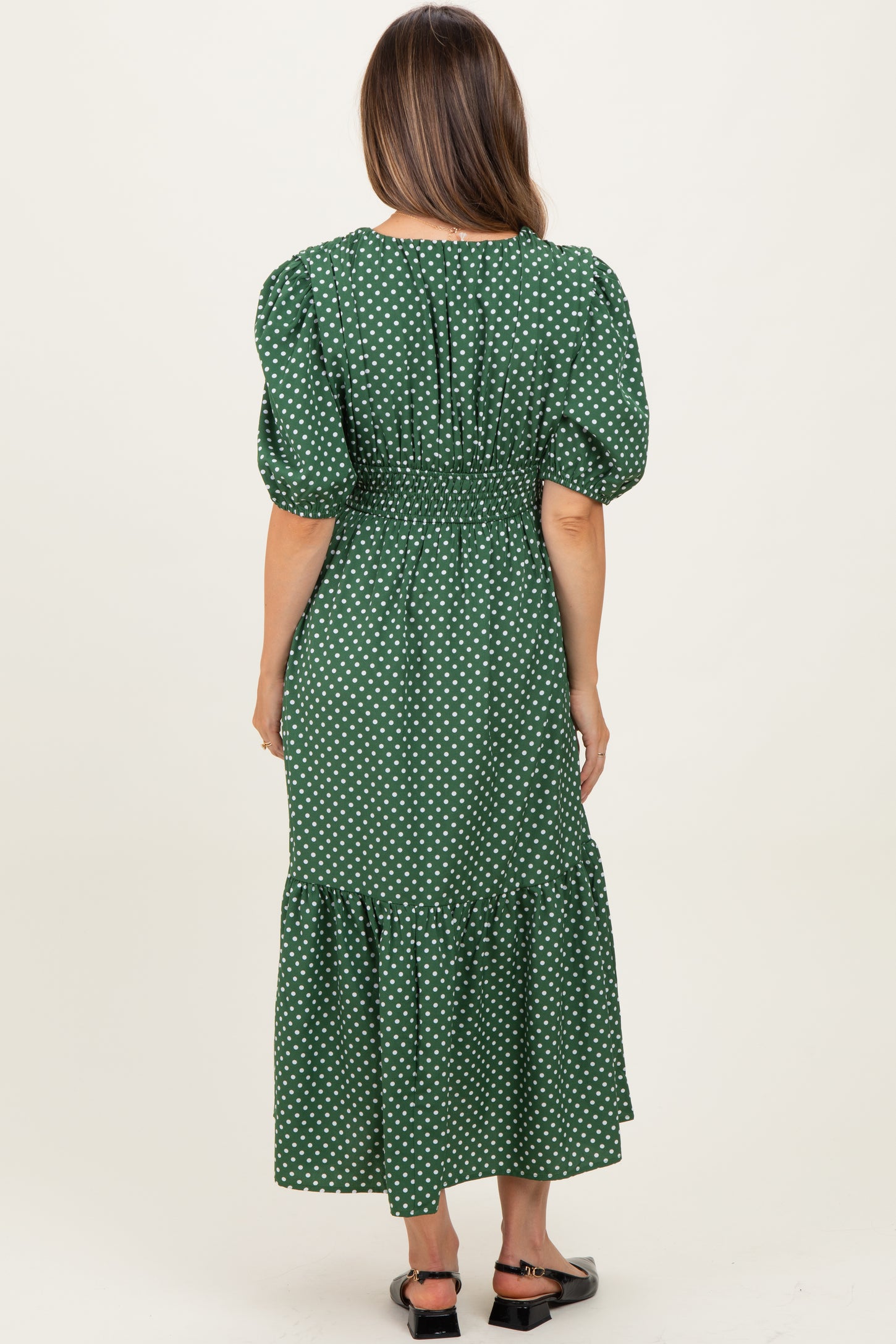 Green Polka Dots V Neck Flowy Maternity Dress