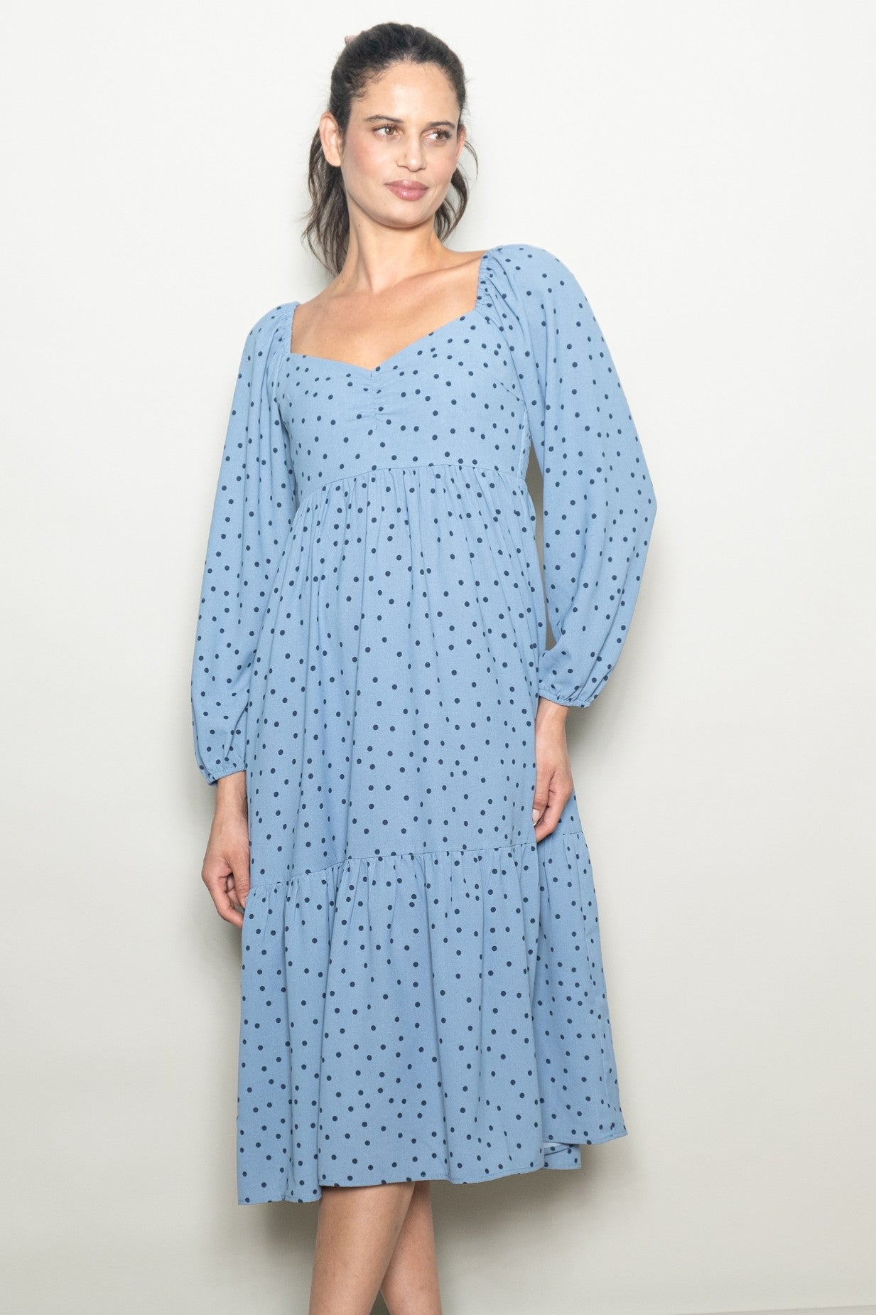 Dusty Blue Polka Dots Sweetheart Neck Midi Dress