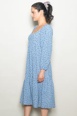 Dusty Blue Polka Dots Sweetheart Neck Midi Dress