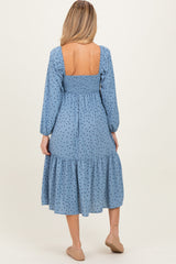 Dusty Blue Polka Dots Sweetheart Neck Maternity Midi Dress