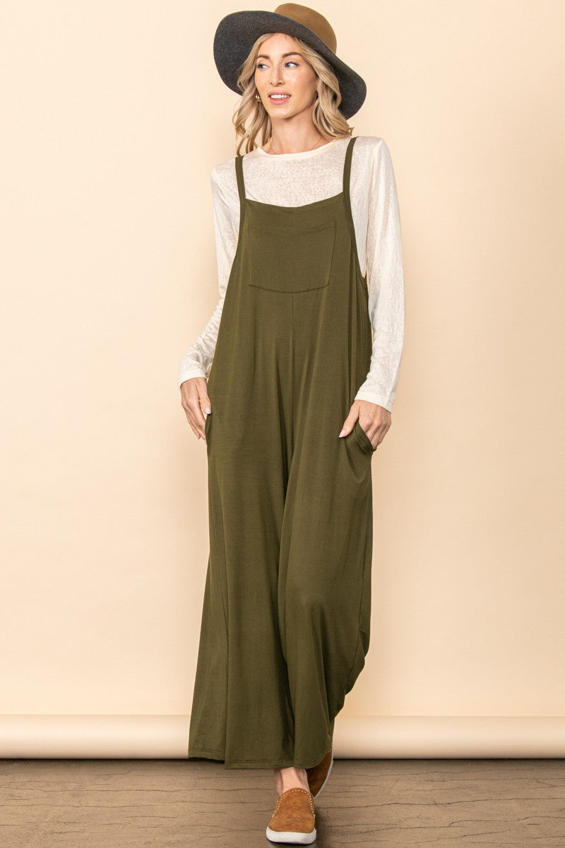 Olive Sleeveless Pocketed Wide Leg Jumpsuit