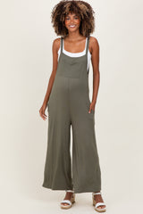 Olive Sleeveless Pocketed Wide Leg Maternity Jumpsuit