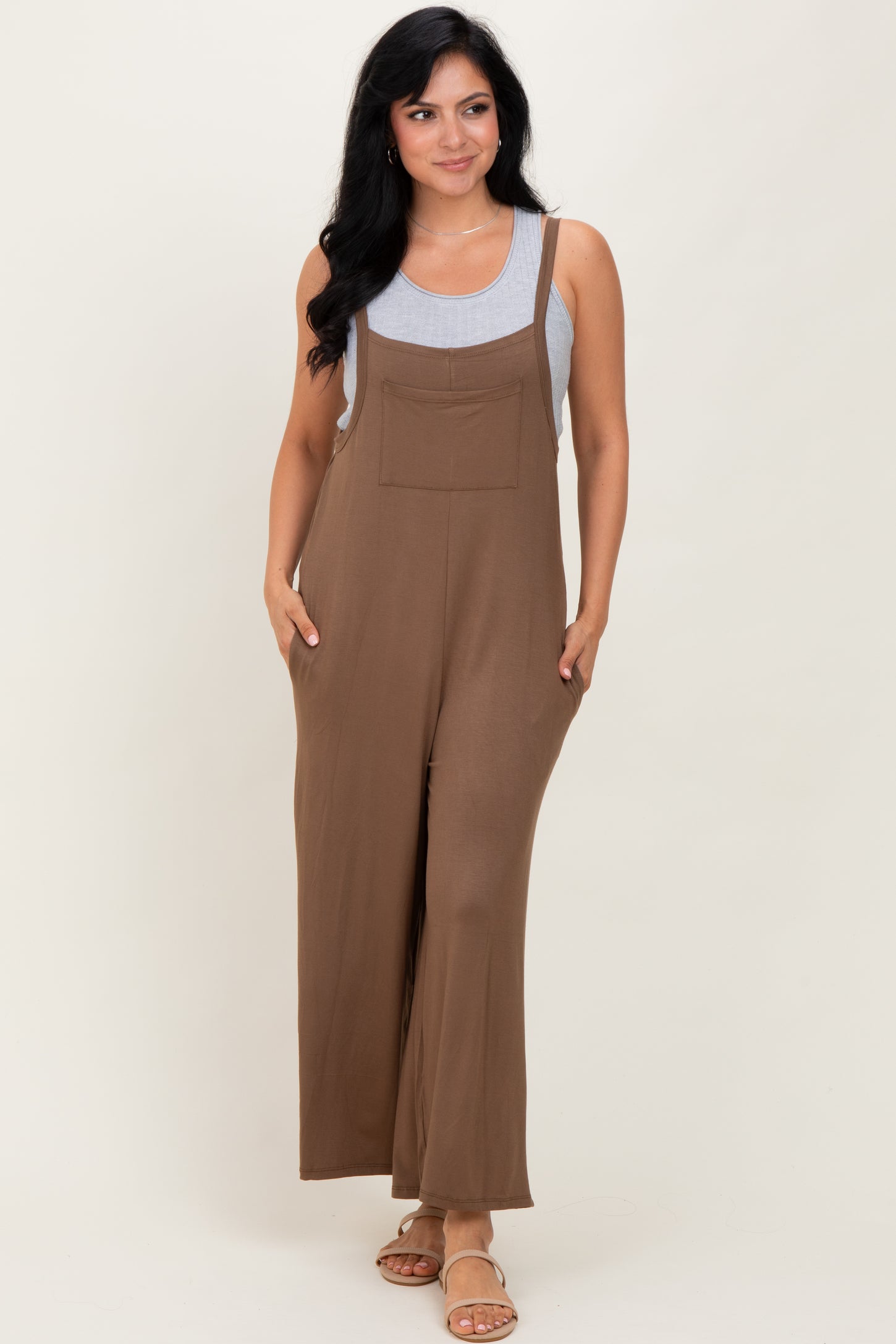 Mocha Sleeveless Pocketed Wide Leg Maternity Jumpsuit