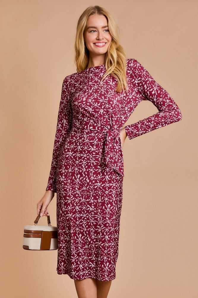 Wine Abstract Waist Tie Detail Long Sleeve Maternity Midi Dress