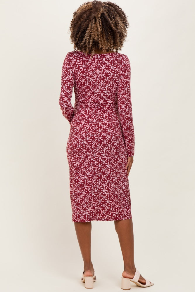 Wine Abstract Waist Tie Detail Long Sleeve Maternity Midi Dress
