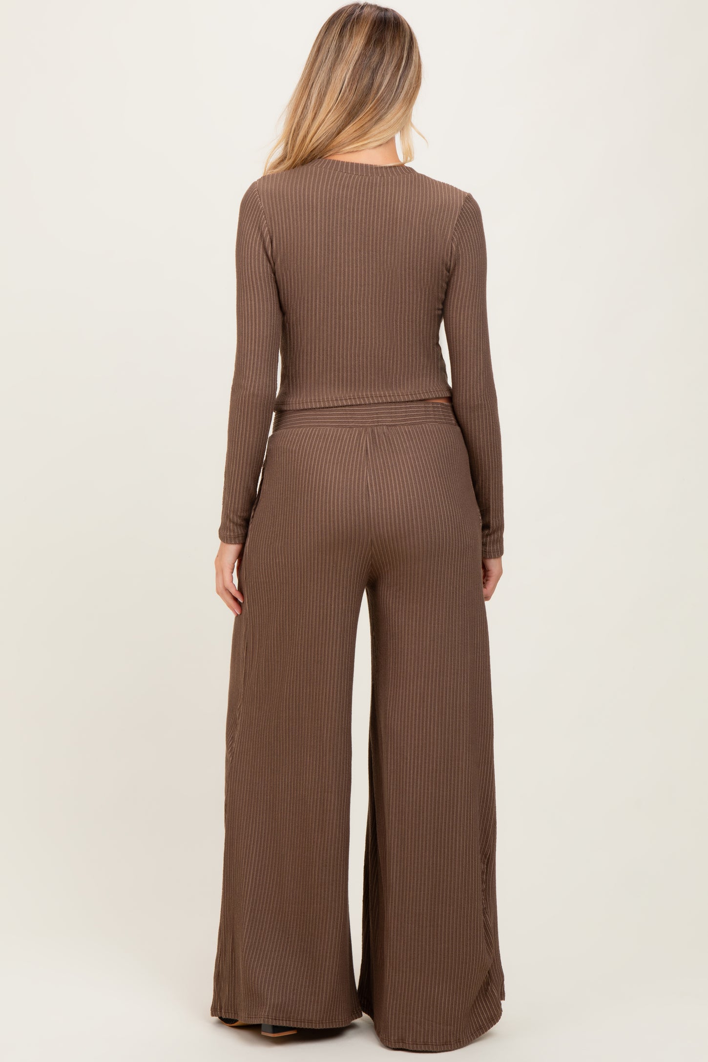 Coffee Long Sleeve Top Pleated Wide Leg Pants Texture Maternity Set
