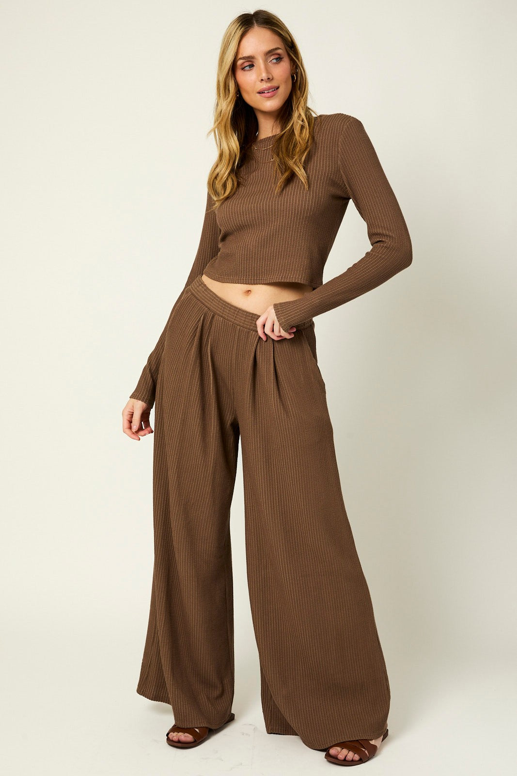 Coffee Long Sleeve Top Pleated Wide Leg Pants Texture Maternity Set