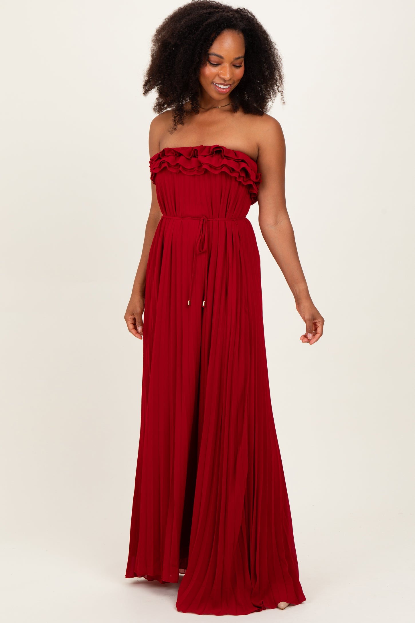 Red Ruffled Chest Pleated Maxi Dress With Self Tie