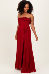 Red Ruffled Chest Pleated Maxi Dress With Self Tie