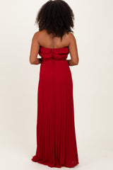 Red Ruffled Chest Pleated Maxi Dress With Self Tie