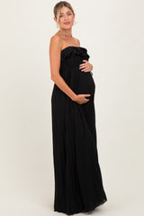 Black Ruffled Chest Pleated Maternity Maxi Dress With Self Tie