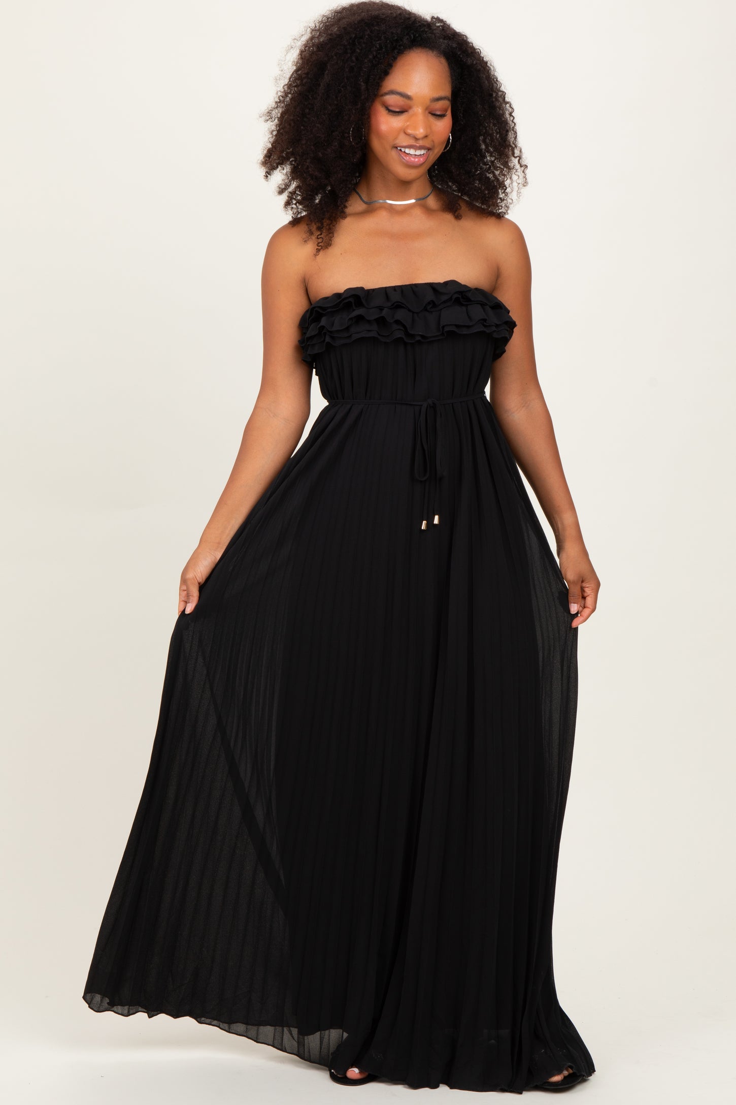 Black Ruffled Chest Pleated Maxi Dress With Self Tie