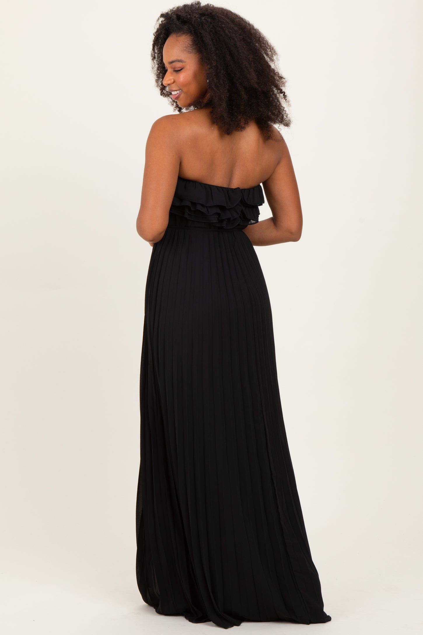 Black Ruffled Chest Pleated Maxi Dress With Self Tie