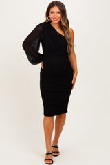 Black Ruched Mesh One Shoulder Long Sleeve Maternity Midi Dress