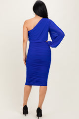 Royal Blue Ruched Mesh One Shoulder Long Sleeve Midi Dress