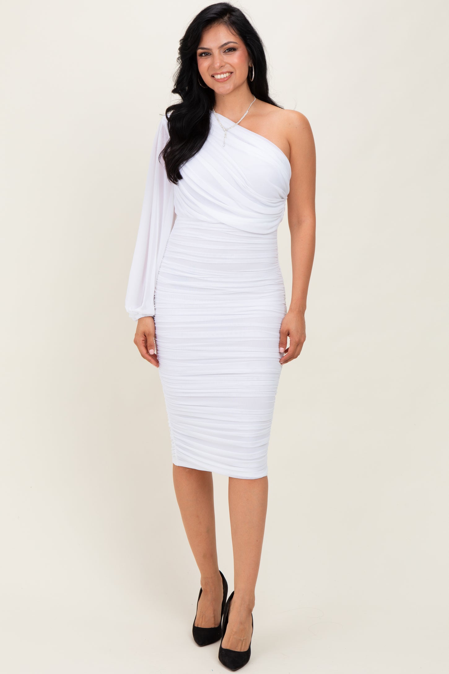 White Ruched Mesh One Shoulder Long Sleeve Midi Dress