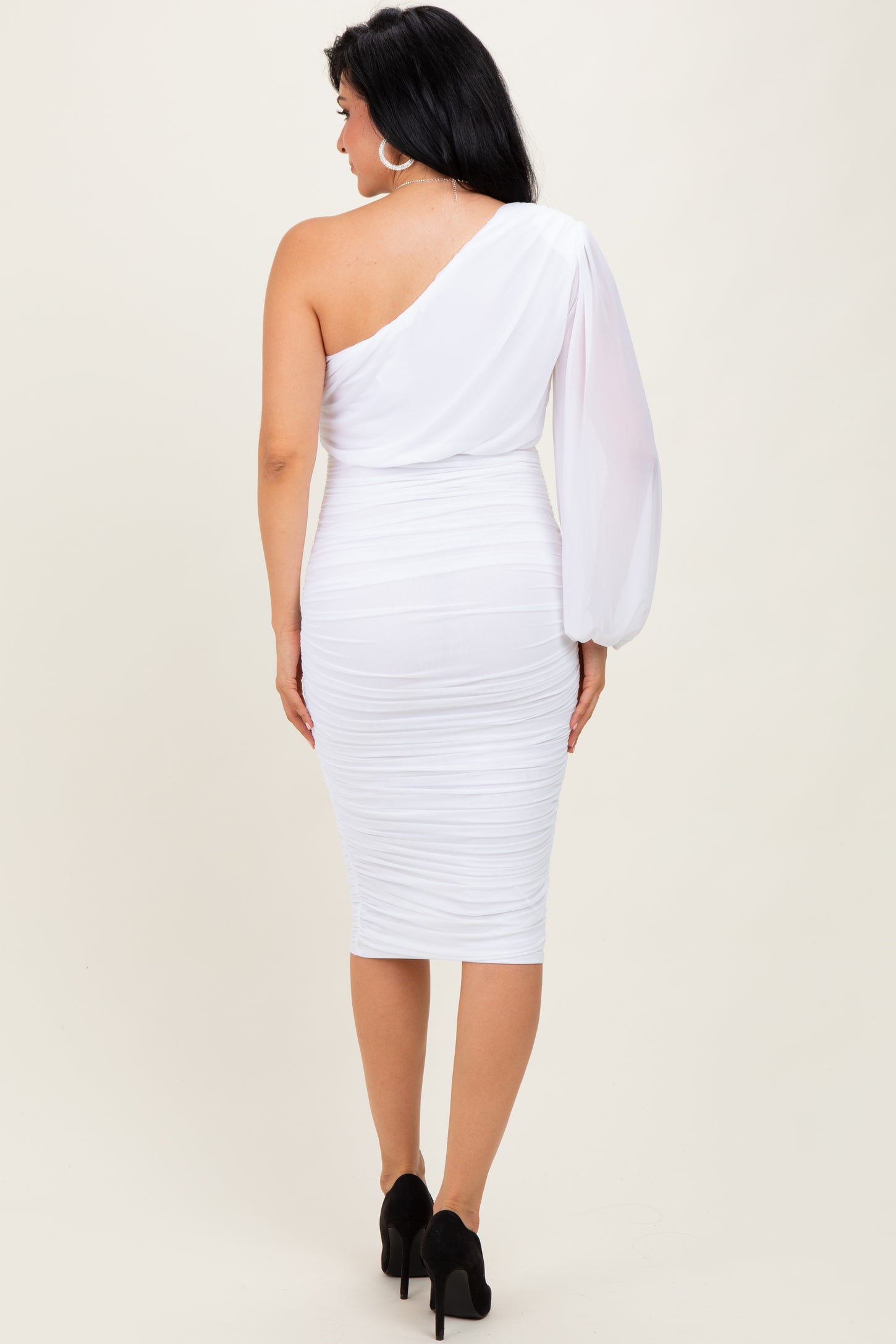 White Ruched Mesh One Shoulder Long Sleeve Midi Dress