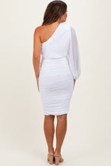 White Ruched Mesh One Shoulder Long Sleeve Maternity Midi Dress