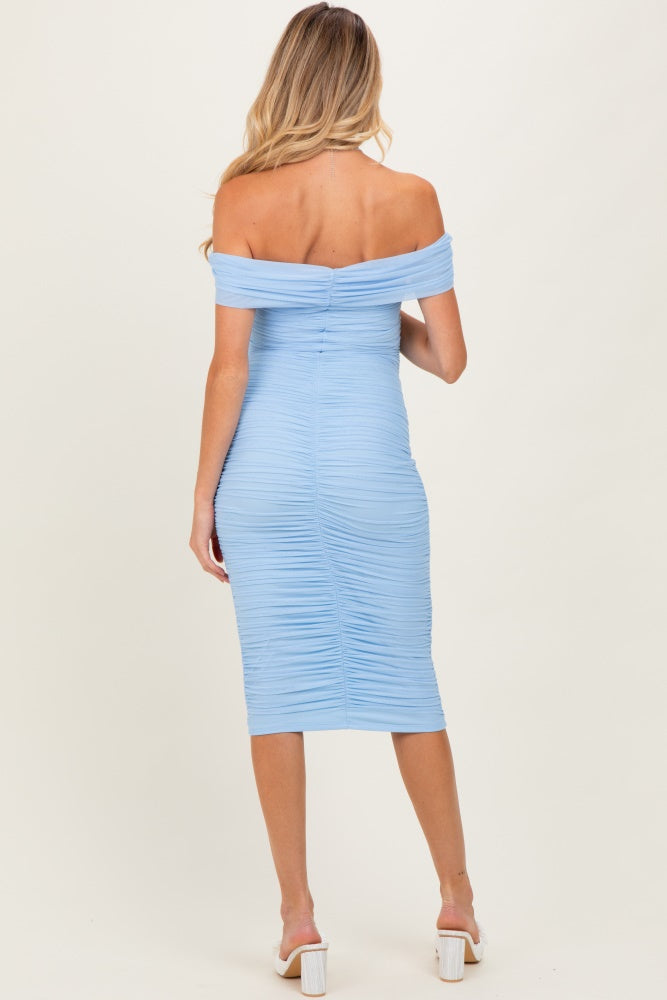 Light Blue Mesh Off Shoulder Twist Front Maternity Midi Dress