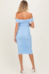 Light Blue Mesh Off Shoulder Twist Front Maternity Midi Dress
