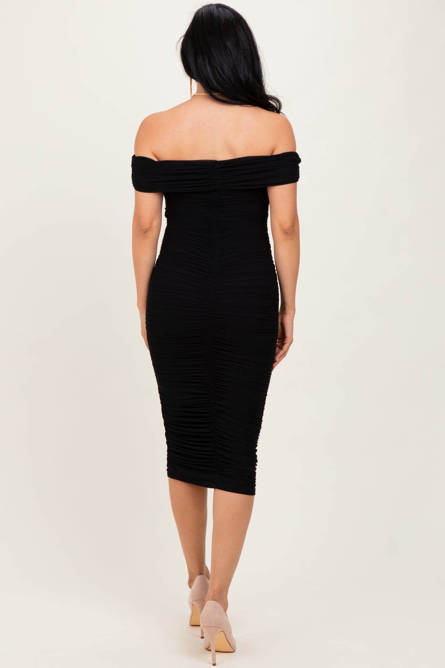 Black Mesh Off Shoulder Twist Front Midi Dress
