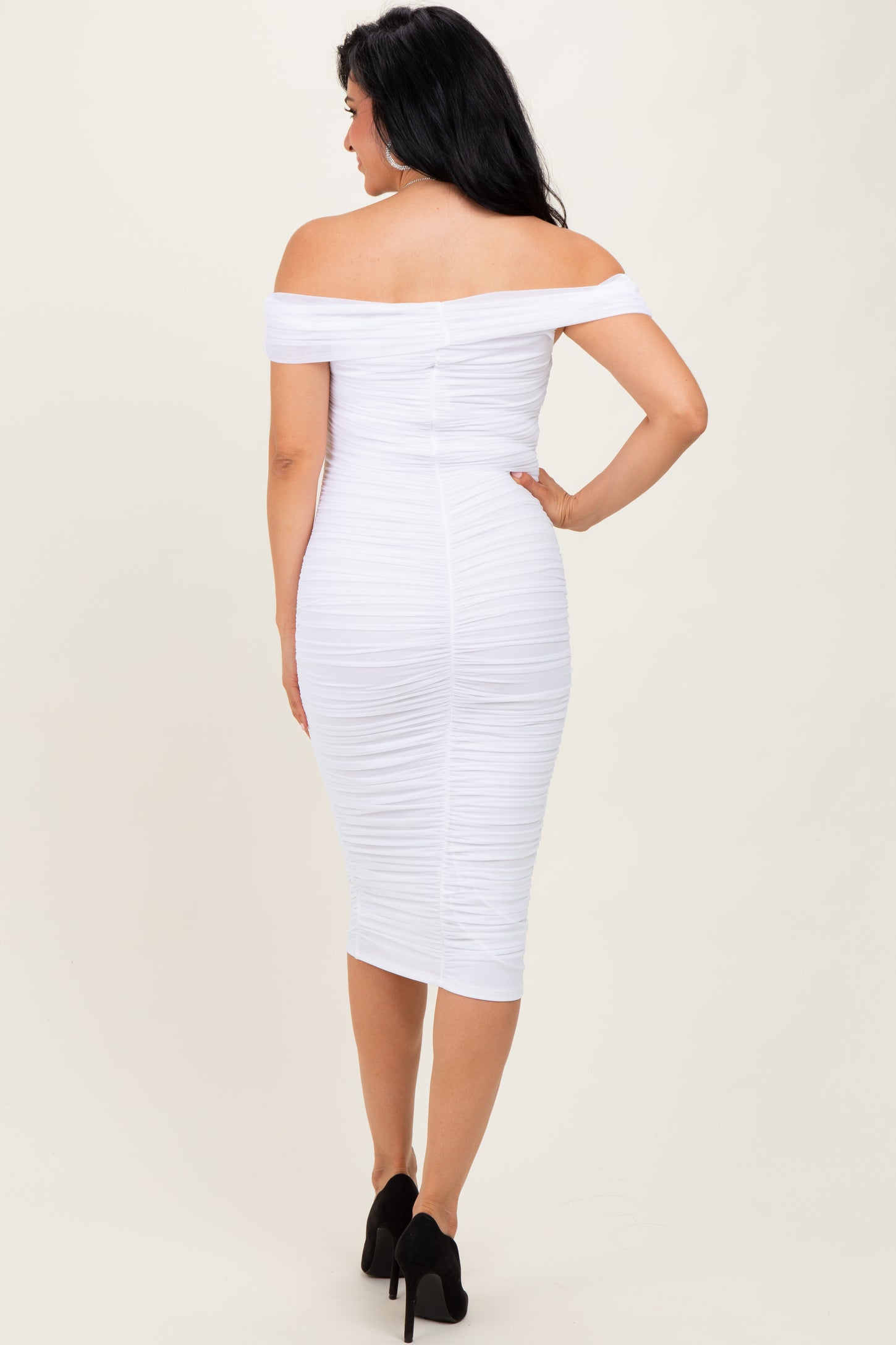 White Mesh Off Shoulder Twist Front Midi Dress