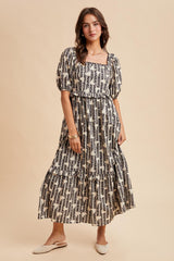 Navy Floral Stripe Ruffle Accent Midi Dress