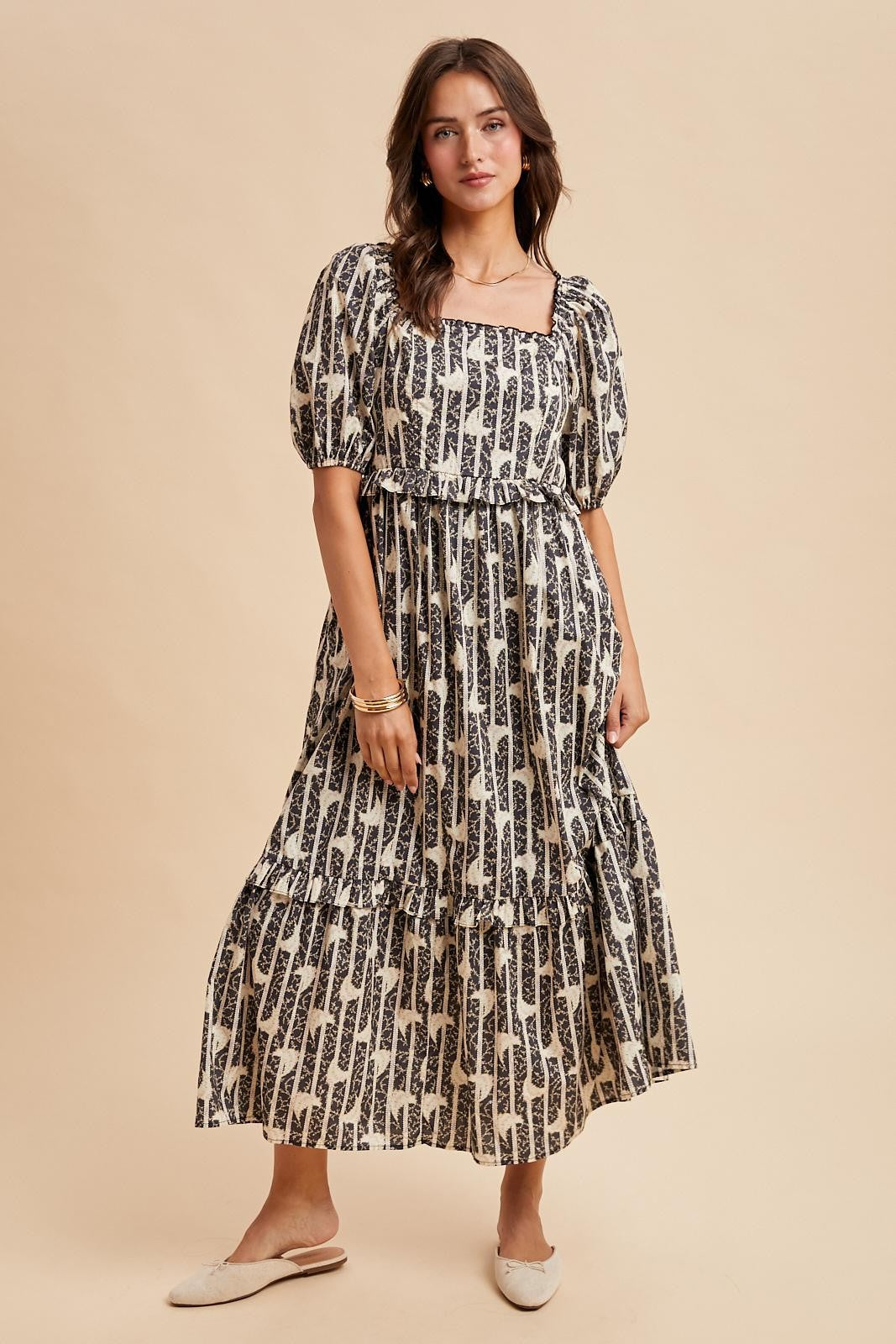 Navy Floral Stripe Ruffle Accent Maternity Midi Dress