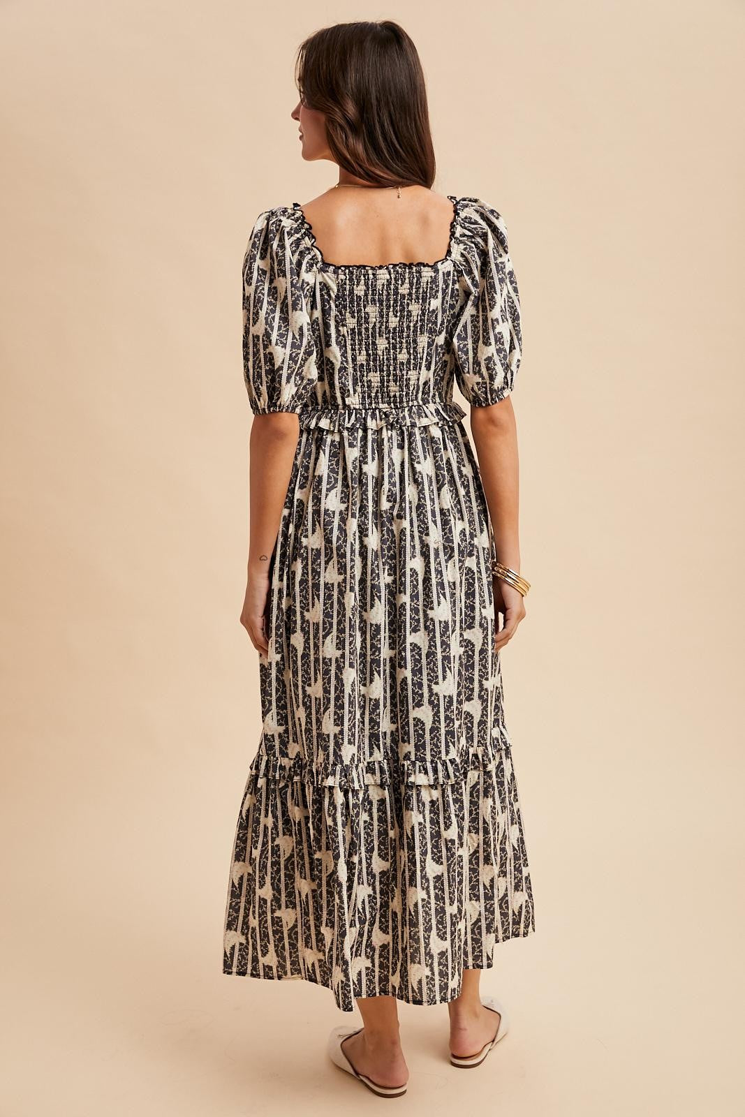 Navy Floral Stripe Ruffle Accent Midi Dress