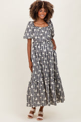 Navy Floral Stripe Ruffle Accent Maternity Midi Dress