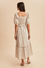 Taupe Floral Stripe Ruffle Accent Midi Dress