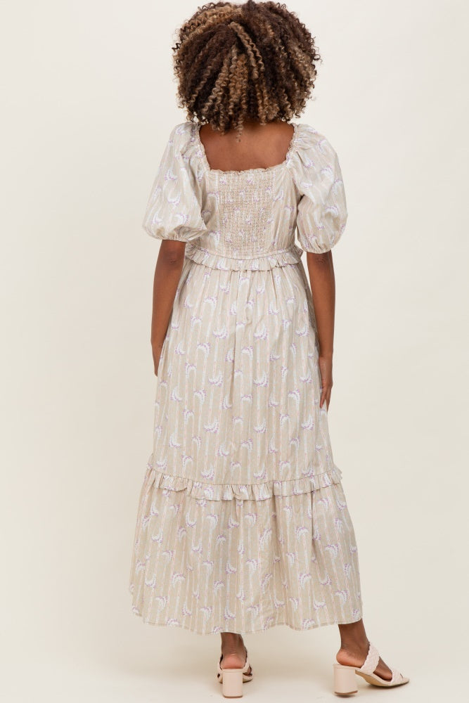 Taupe Floral Stripe Ruffle Accent Maternity Midi Dress