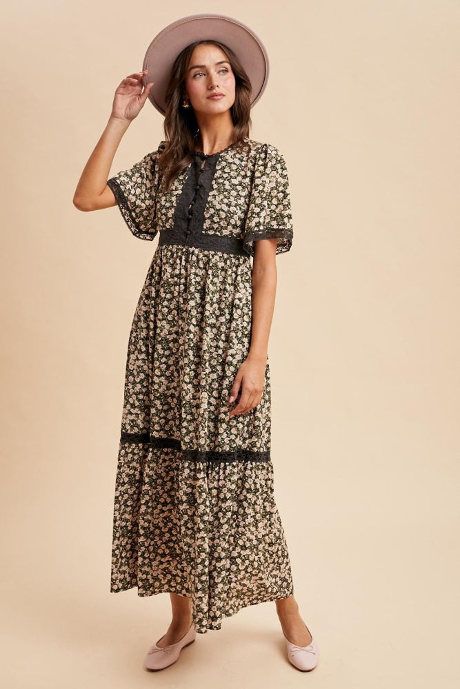 Black Rose Floral Lace Inset Button Up Maternity Maxi Dress