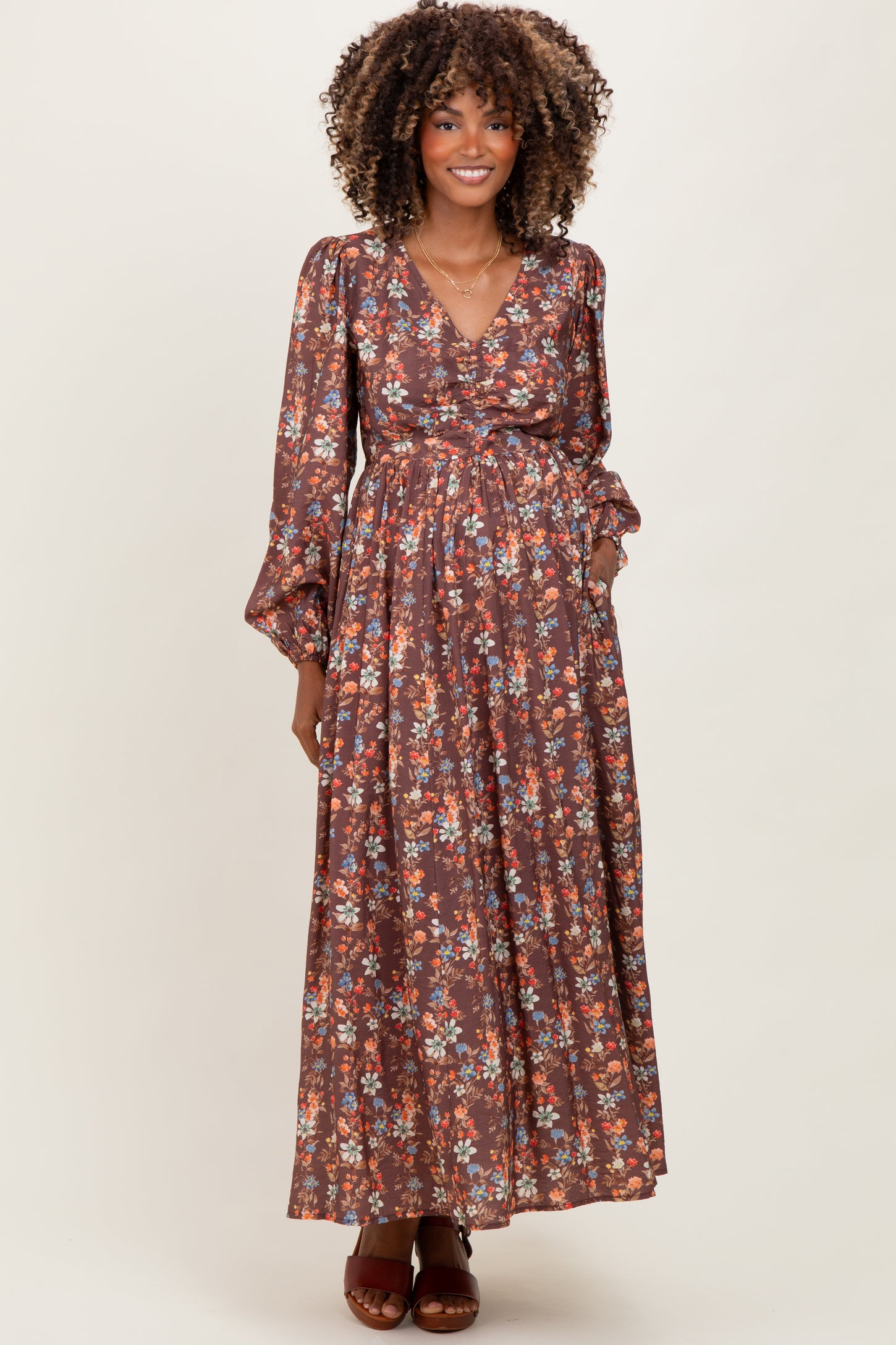 Mocha Floral Cinched Bust 3/4 Sleeve Maternity Maxi Dress