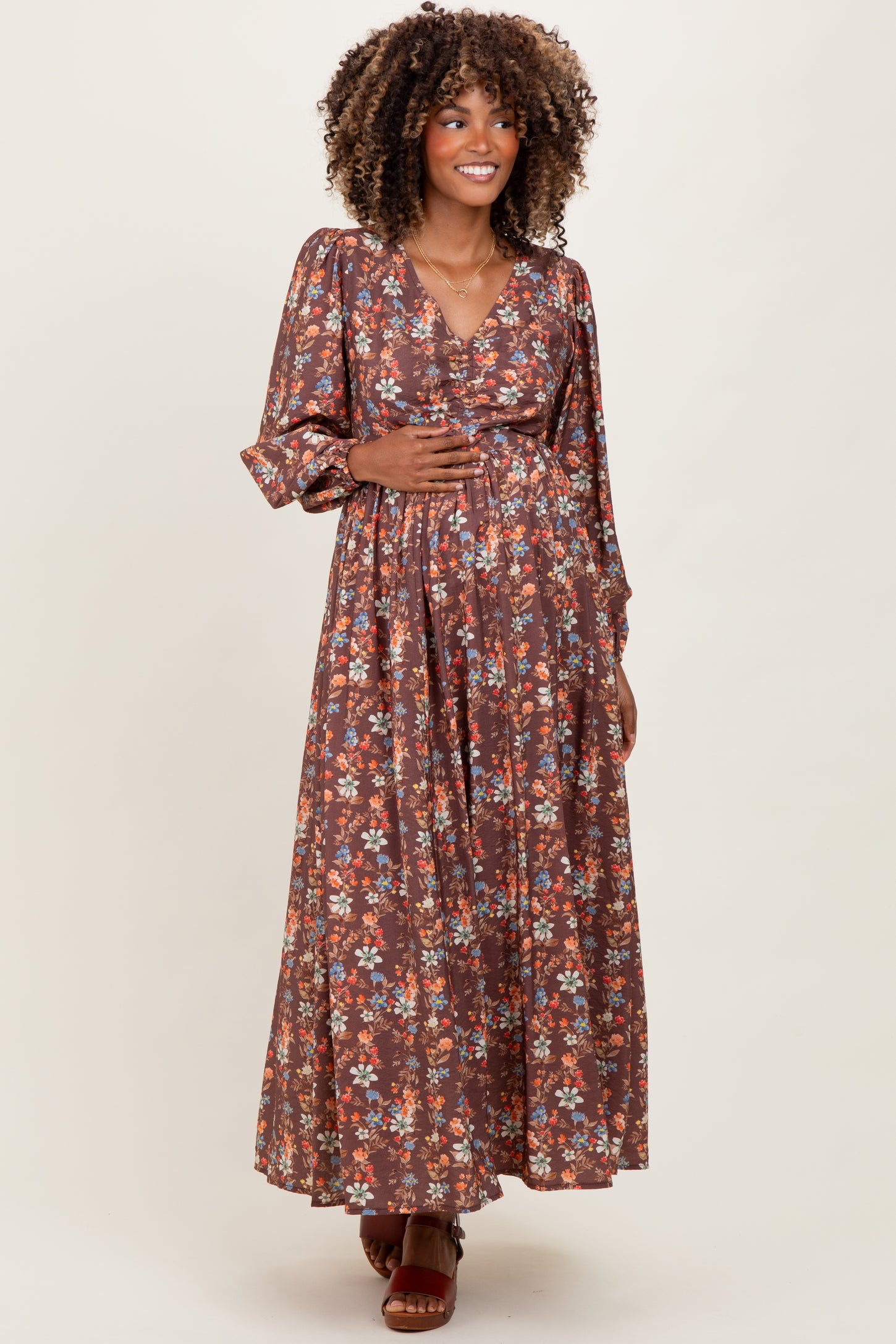 Mocha Floral Cinched Bust 3/4 Sleeve Maternity Maxi Dress