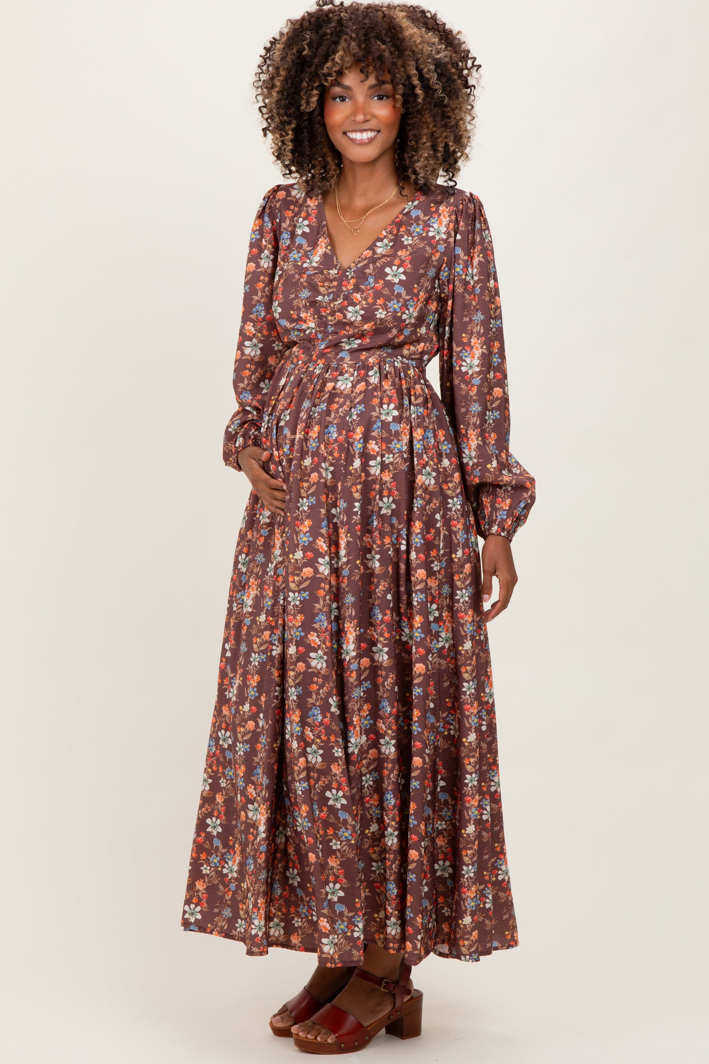 Mocha Floral Cinched Bust 3/4 Sleeve Maternity Maxi Dress