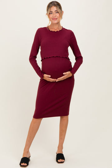 Burgundy Ribbed Knit Long Sleeve Nursing Maternity Dress