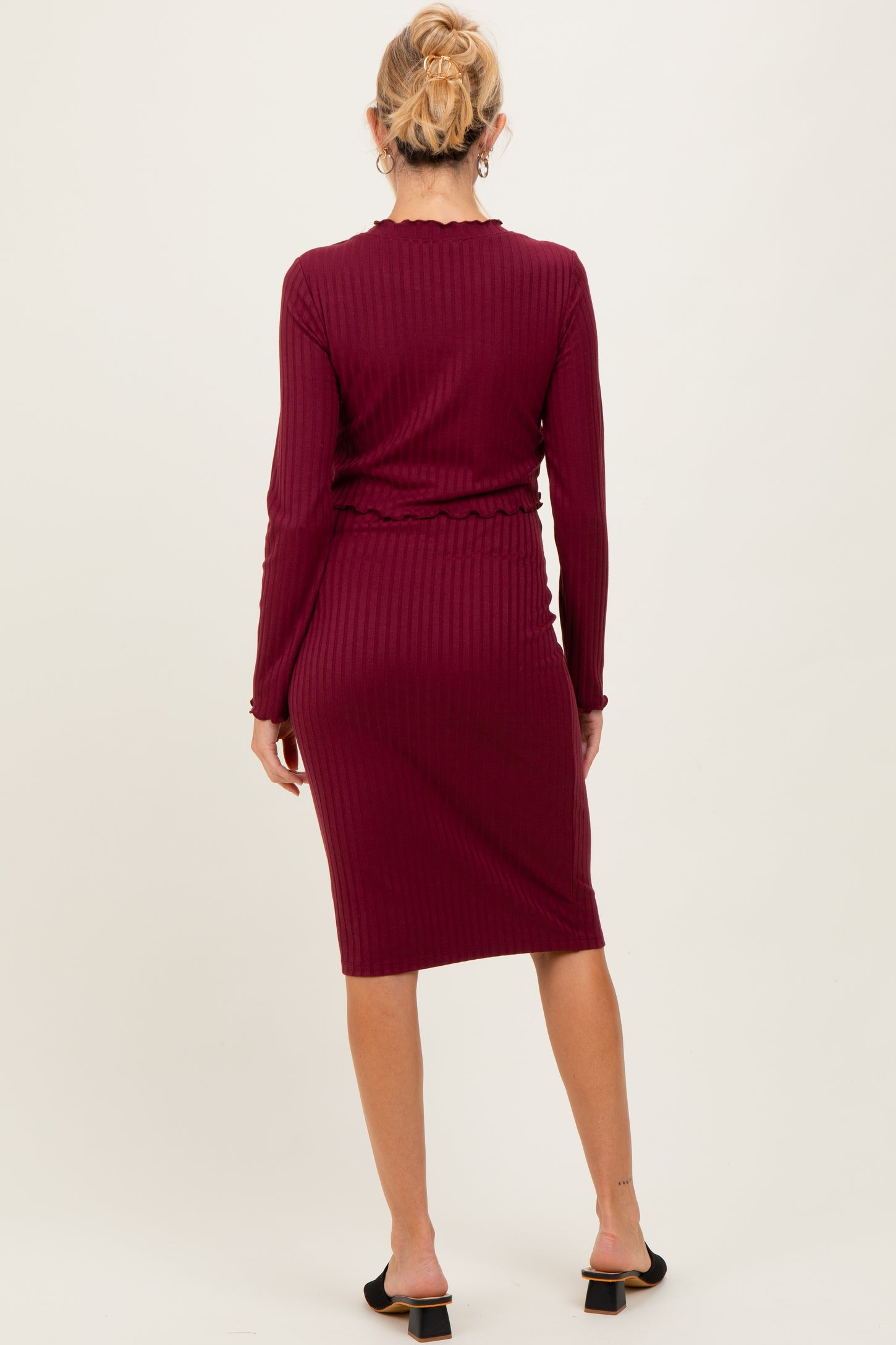 Burgundy Ribbed Knit Long Sleeve Nursing Maternity Dress