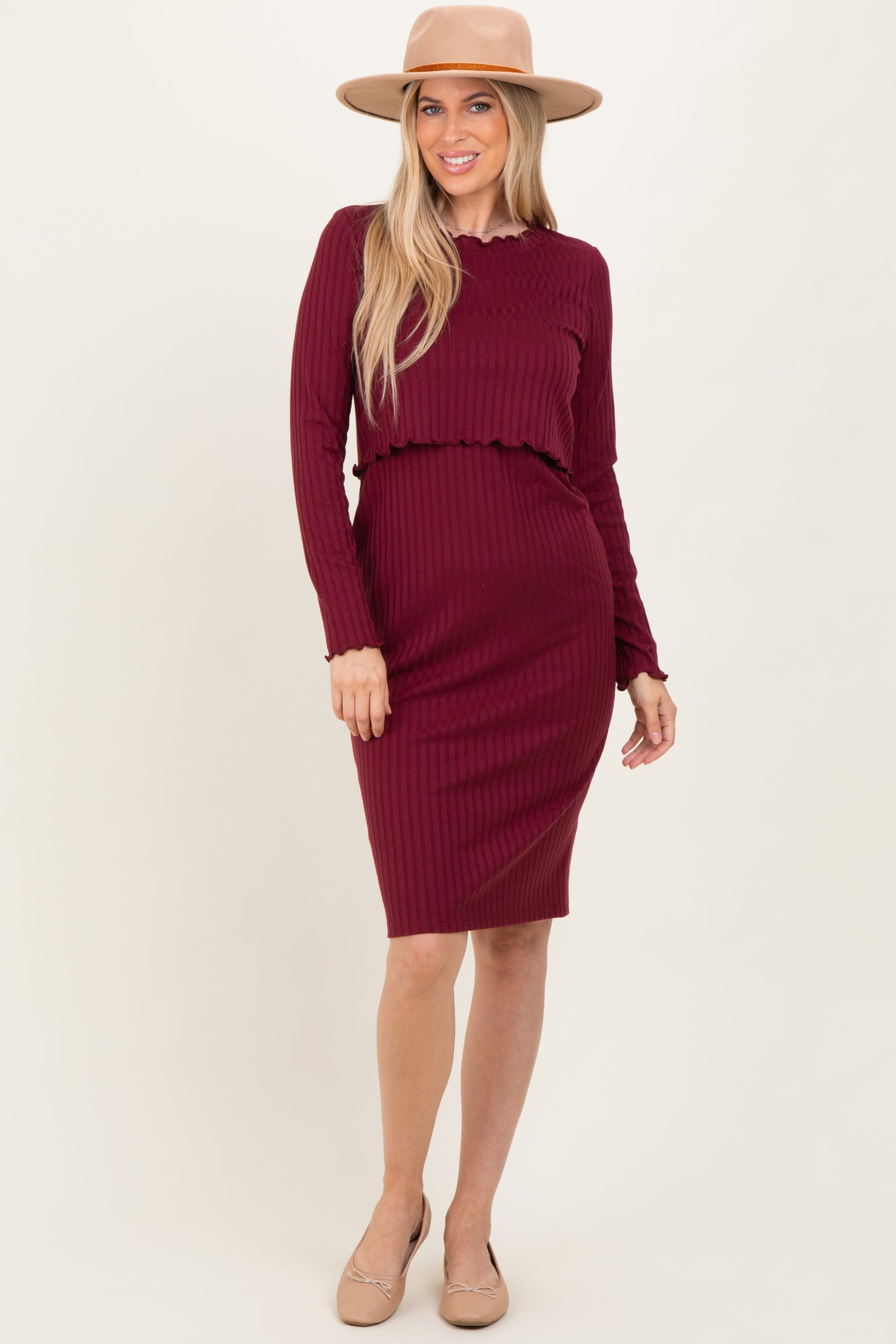 Burgundy Ribbed Knit Long Sleeve Nursing Dress
