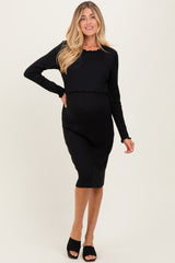 Black Ribbed Knit Long Sleeve Nursing Maternity Dress