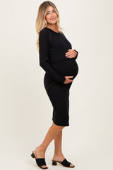 Black Ribbed Knit Long Sleeve Nursing Maternity Dress