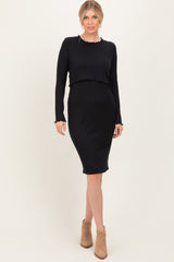 Black Ribbed Knit Long Sleeve Nursing Dress