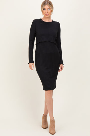 Black Ribbed Knit Long Sleeve Nursing Dress