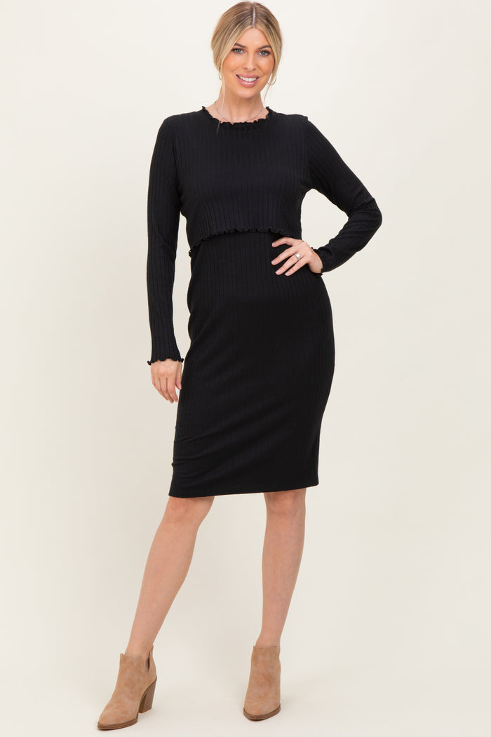 Black Ribbed Knit Long Sleeve Nursing Maternity Dress