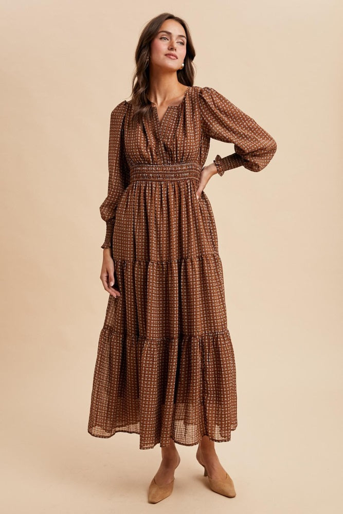 Mocha Printed Smocked Waist Tiered Maxi Dress