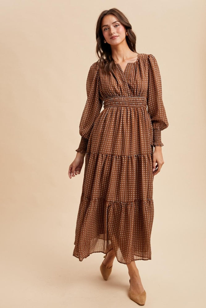 Mocha Printed Smocked Waist Tiered Maxi Dress