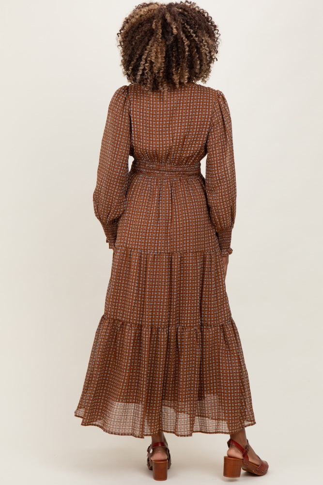 Mocha Printed Smocked Waist Tiered Maternity Maxi Dress