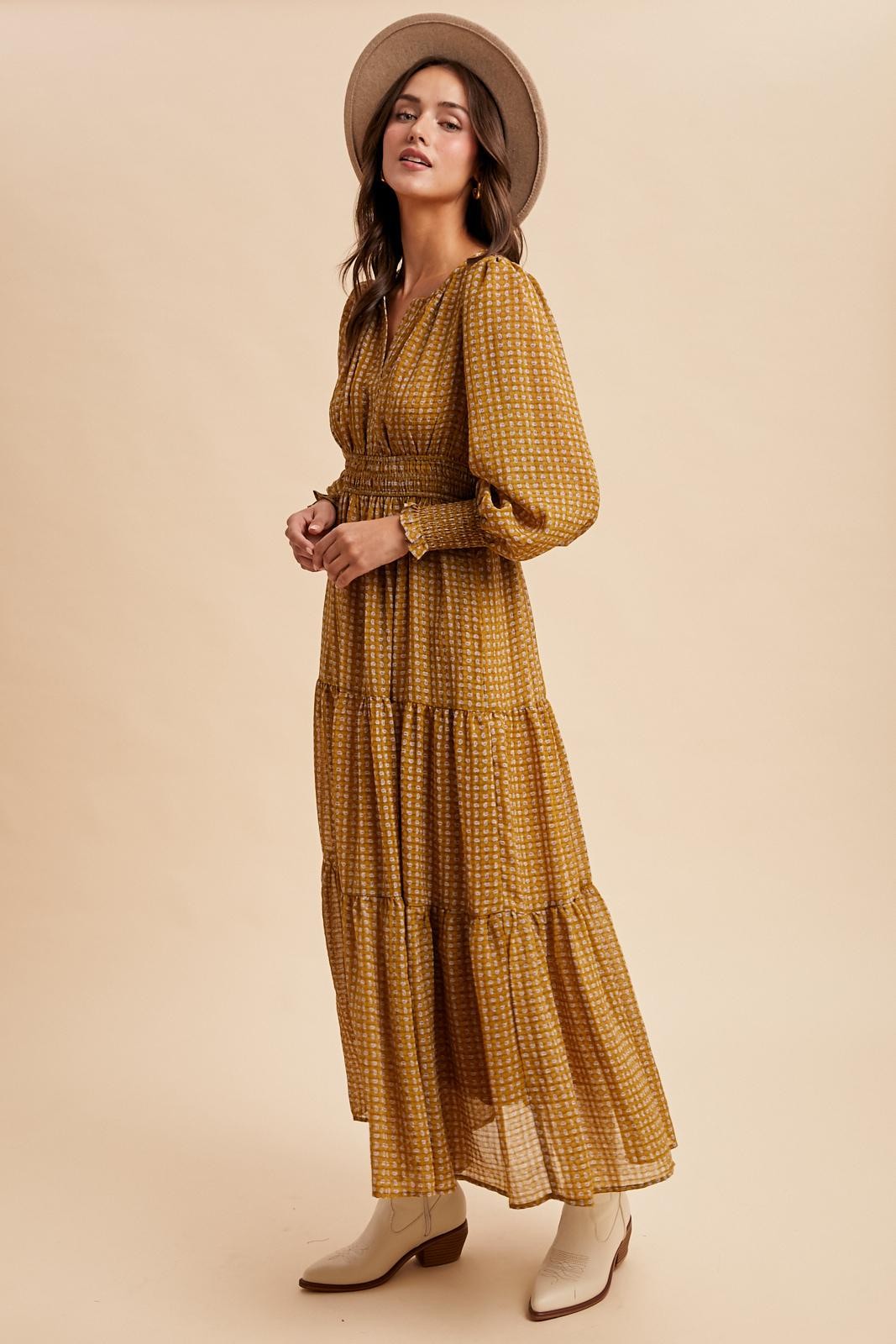 Yellow Printed Smocked Waist Tiered Maxi Dress